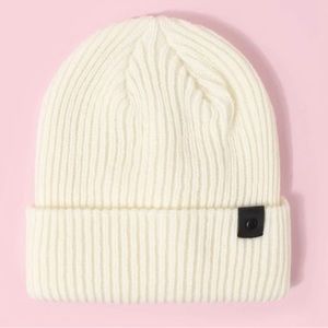 Ribbed Knit Beanie With Snap Button Detail, White